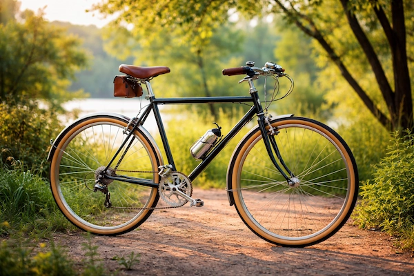 A classic black road bicycle with tan tires standing on a dirt path beside a lake, surrounded by green trees in warm afternoon light.