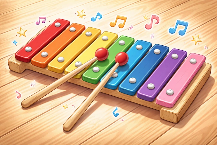A colorful cartoon xylophone with rainbow bars and two wooden mallets placed on a wooden surface.