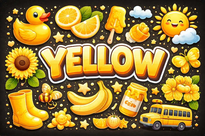 A bright illustration showing many yellow objects with the word “YELLOW” in the center.