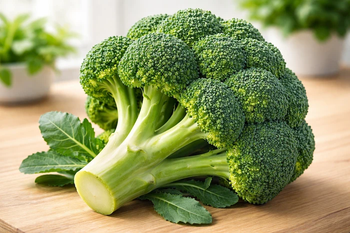 A fresh green broccoli with thick stems and full florets placed on a wooden table.