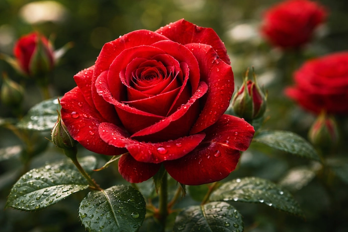 A red rose in full bloom with water droplets on its petals and leaves.