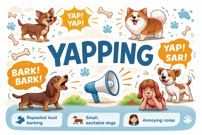 An illustration showing the meaning of “yapping,” with small dogs barking loudly and speech bubbles to represent nonstop, noisy talking or barking.
