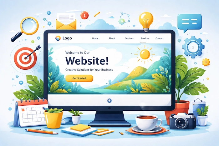 A modern website design shown on a computer screen with menus, icons, and a welcome message.