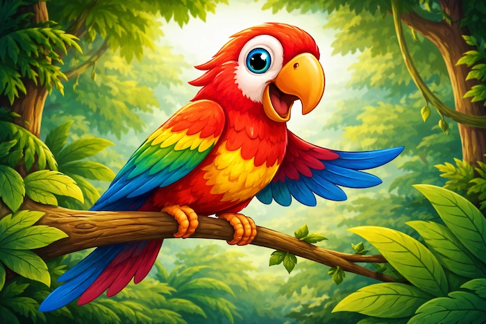 A colorful cartoon parrot sitting on a branch in a green jungle, with bright red, yellow, green, and blue feathers and a cheerful look.