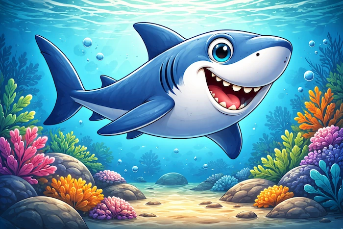 A friendly cartoon shark swimming underwater, with a big smile, bright blue eyes, and colorful coral around it.