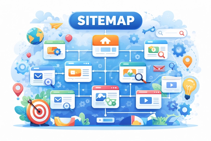 A colorful illustration showing a website sitemap as a connected map of web pages on a large screen, with people examining the structure to understand how the site is organized and navigated.