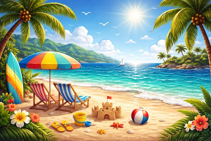 A sunny beach scene with blue ocean waves, palm trees, and colorful beach chairs.