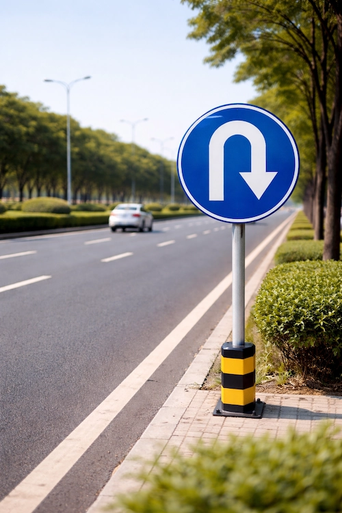 U-turn traffic sign installed on the right side of the road, showing a right-turn U-turn arrow for drivers.