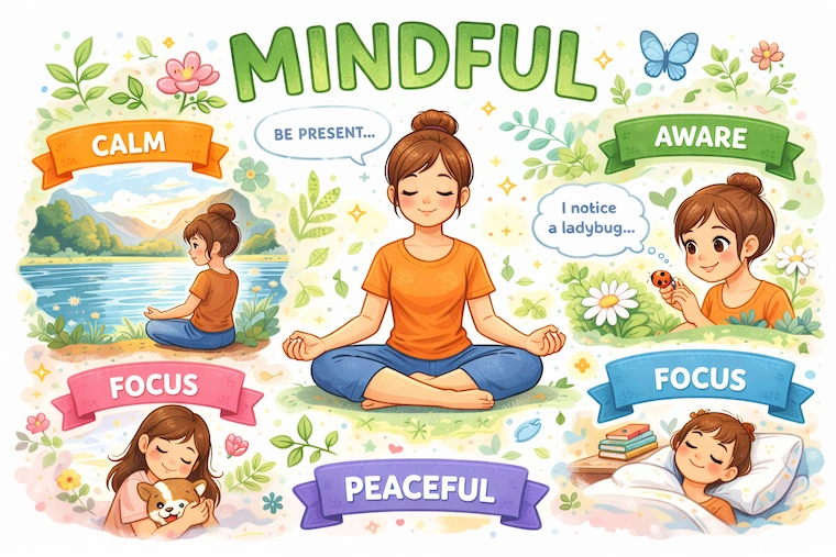 An illustration of a person meditating in a calm natural setting, showing the meaning of “mindful” as being aware, focused, and present in the moment.