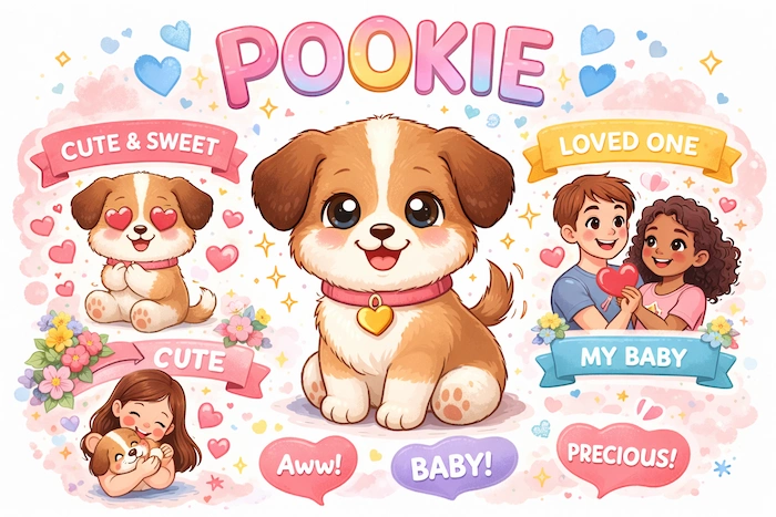 A cute illustration of a lovable puppy with hearts and sweet expressions, showing the meaning of “pookie” as an affectionate nickname for someone you love.