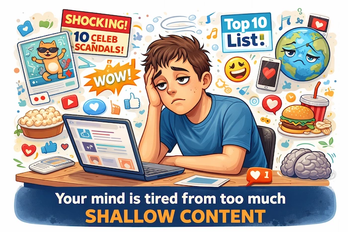 An illustration of a tired person in front of a laptop, surrounded by shallow social media content, showing mental exhaustion and brainrot from consuming too much low-quality media.