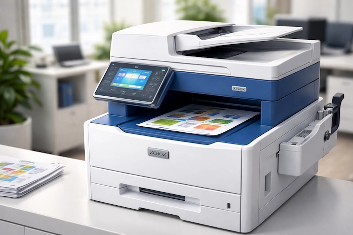 A modern Xerox copier machine on an office desk, printing colorful documents with a touchscreen panel on the front.