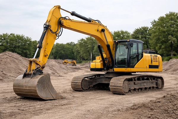 A yellow excavator working at a construction site in clear daylight showing the machine details clearly