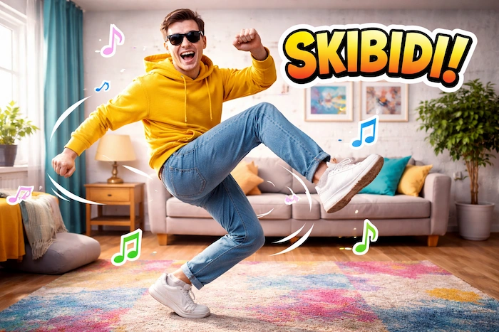 A young man happily dancing in a living room, doing a fun and silly “skibidi” dance move with music notes around him.