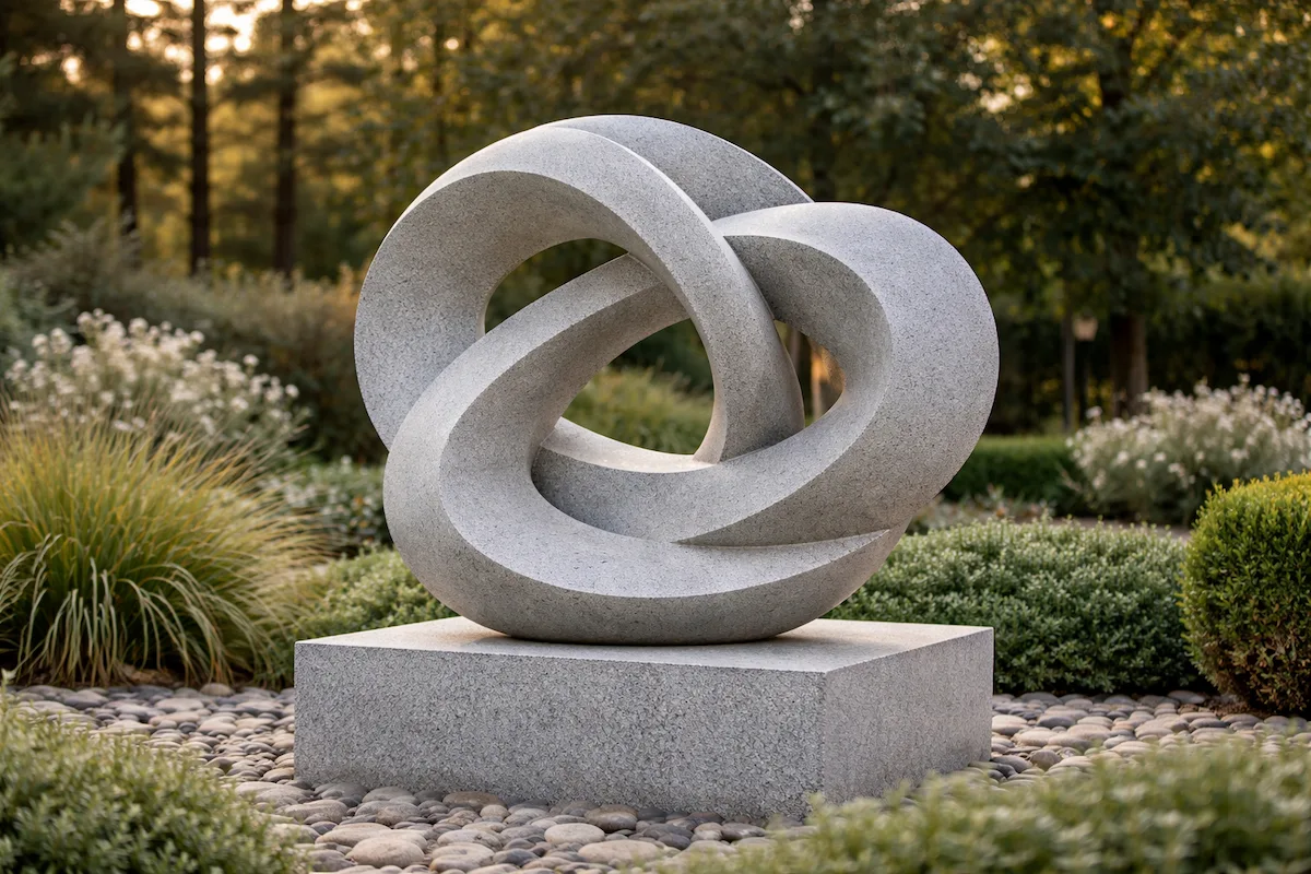 Abstract stone sculpture with curved geometric forms placed on a pedestal in a landscaped garden, showing a non-figurative and minimalist artistic design.
