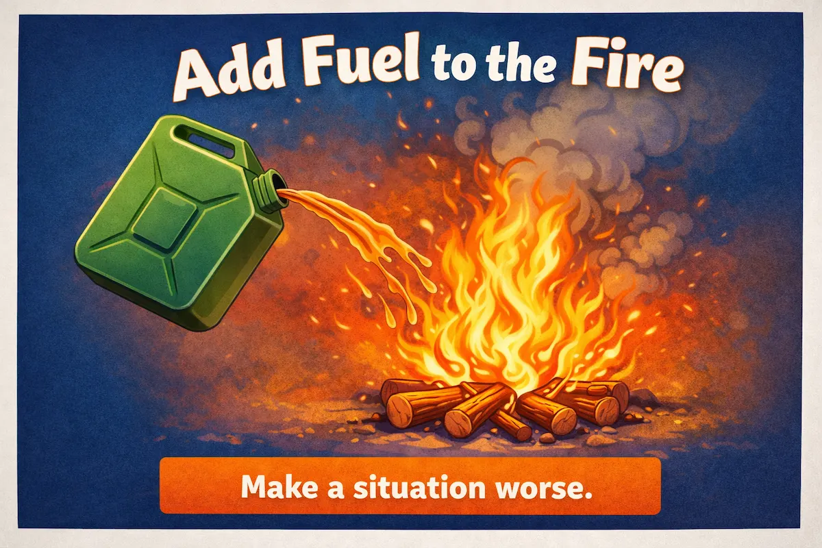 Colorful landscape illustration of the idiom Add Fuel to the Fire, depicting fuel poured onto flames to represent making a bad situation worse or escalating conflict.