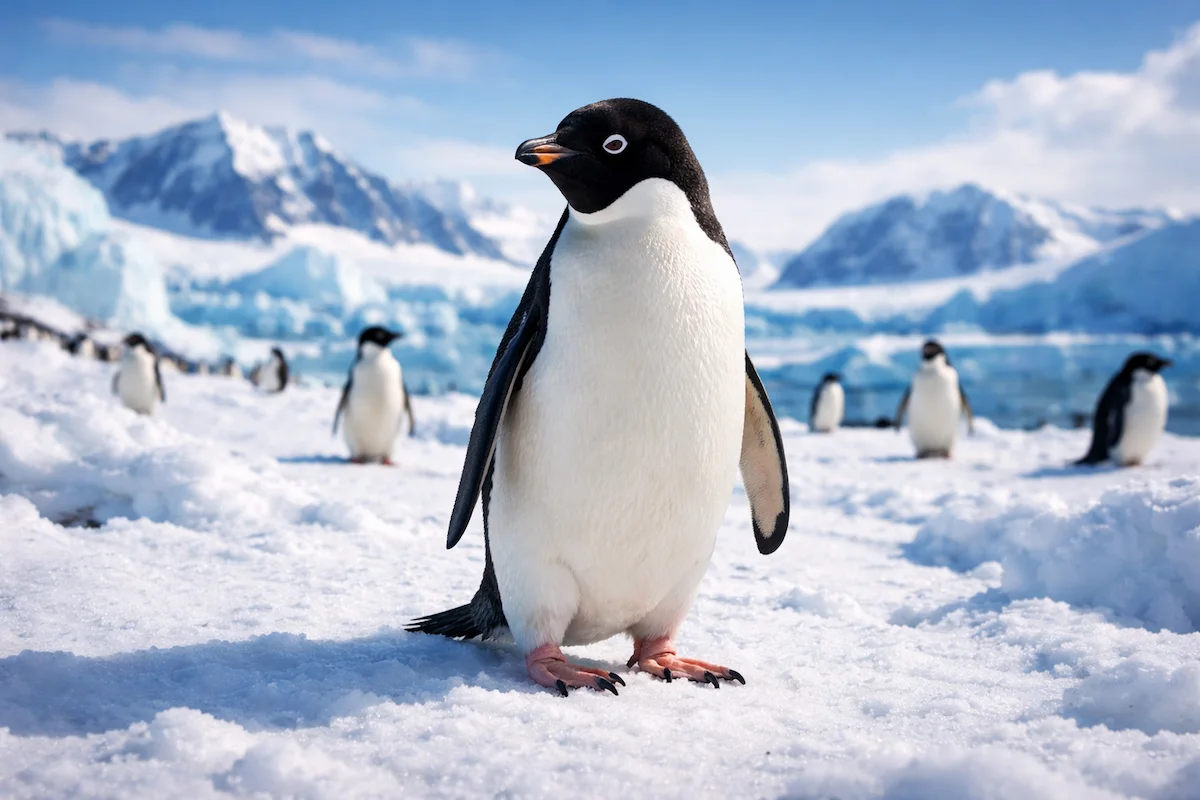 Adélie penguin standing on snow in Antarctica with icy mountains and other penguins visible in the background under a clear blue sky.