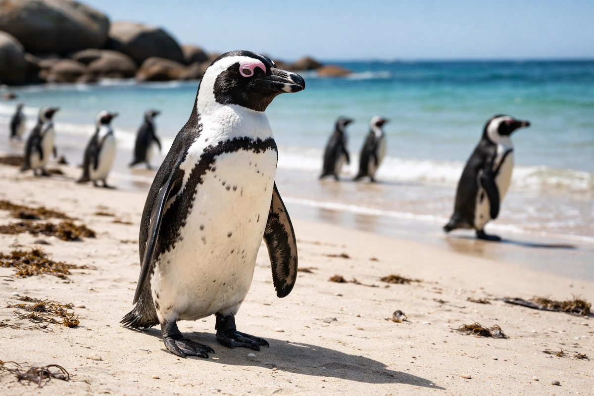An African penguin standing on a sunny beach near the ocean, with other penguins in the background along the shoreline, showing the species’ black-and-white markings and coastal environment.
