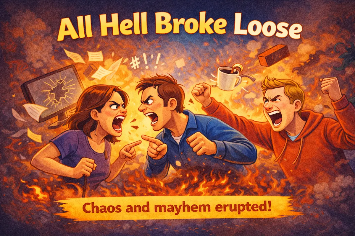 Colorful landscape illustration of the idiom All Hell Broke Loose, depicting an explosive scene of shouting people and flying objects to symbolize sudden chaos and confusion.