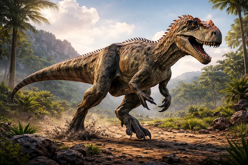 An Allosaurus walking through a prehistoric landscape with trees and mountains