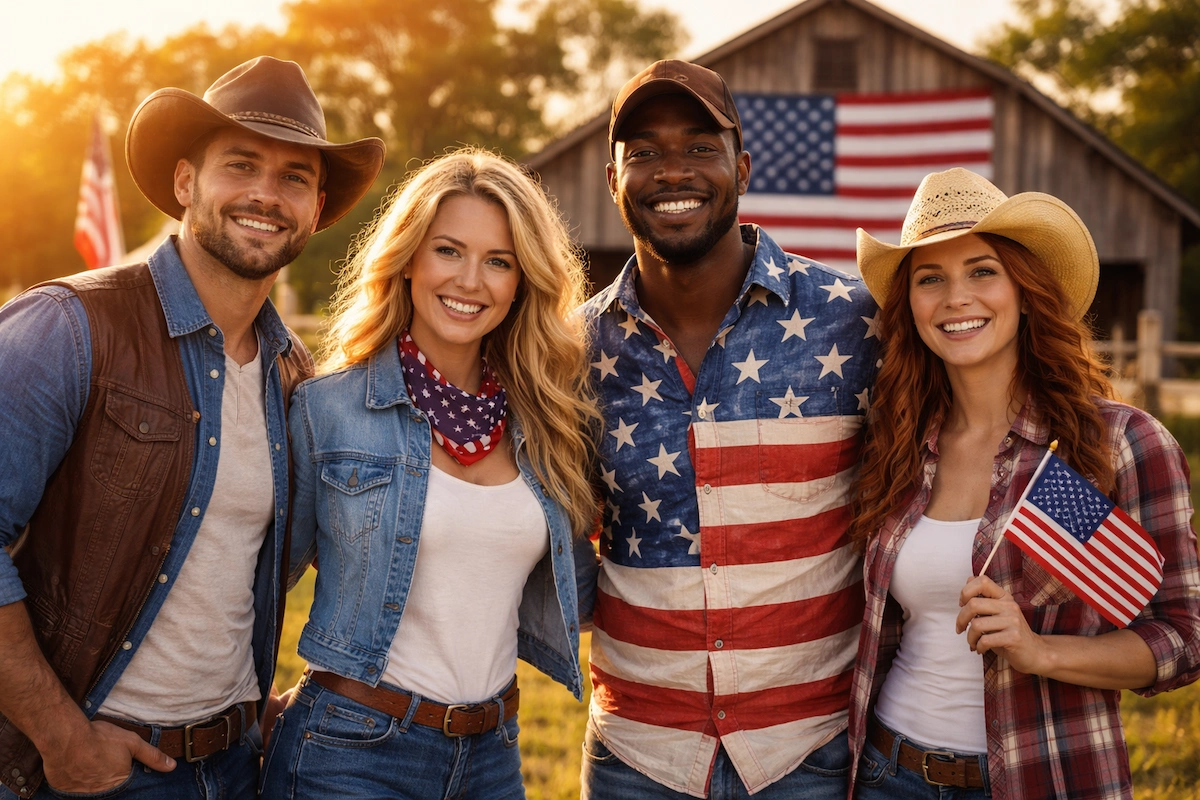 Landscape illustration of American people smiling together outdoors, wearing casual rural clothing with the U.S. flag visible, representing American identity and patriotism.