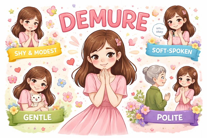 An illustration showing the meaning of the word “demure,” with shy and modest women using gentle body language to represent a quiet, polite, and reserved personality.