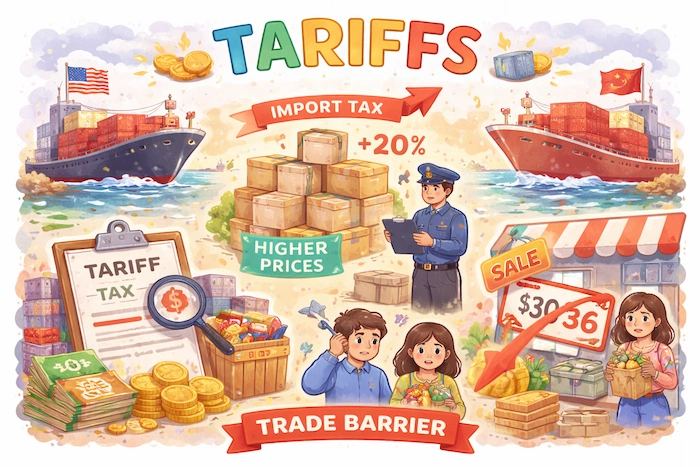 An illustration showing the meaning of tariffs, with cargo ships, import taxes, and rising prices to explain how tariffs affect trade and consumers.
