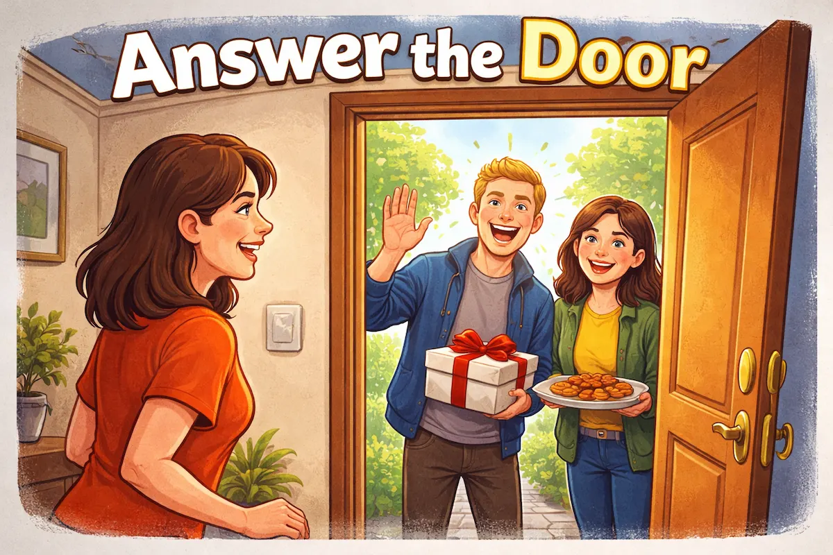 Colorful landscape illustration of the idiom Answer the Door, depicting a person opening the door to welcome visitors after hearing a knock or doorbell.