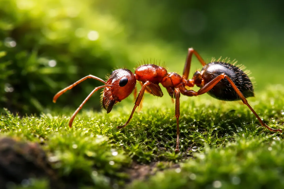 Macro illustration of a red ant on green moss, showing its segmented body, fine hairs, legs, and antennae in sharp detail against a blurred forest background.