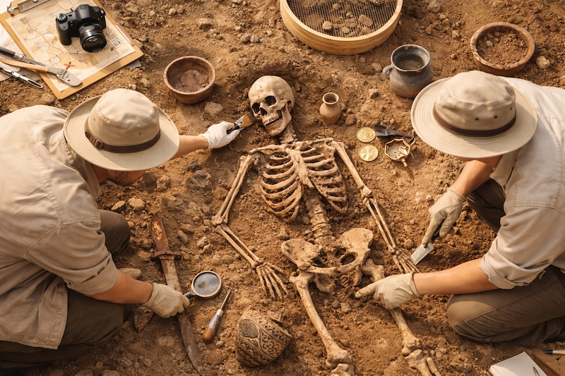 Archaeologists working at an excavation site, brushing soil from a human skeleton and surrounding artifacts during a detailed archaeology dig.