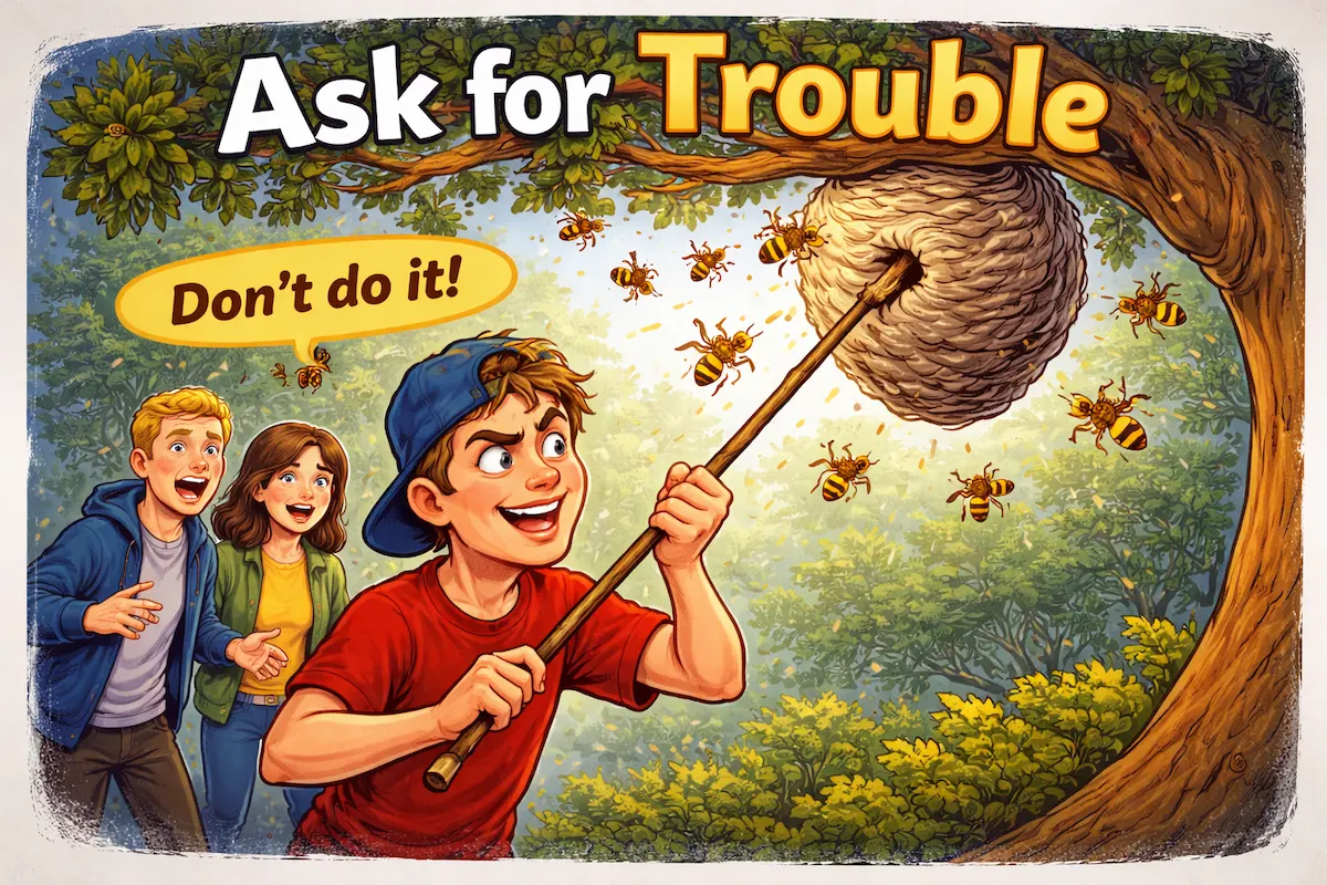 Colorful landscape illustration of the idiom Ask for Trouble, depicting a person provoking danger to represent intentionally doing something likely to cause problems.