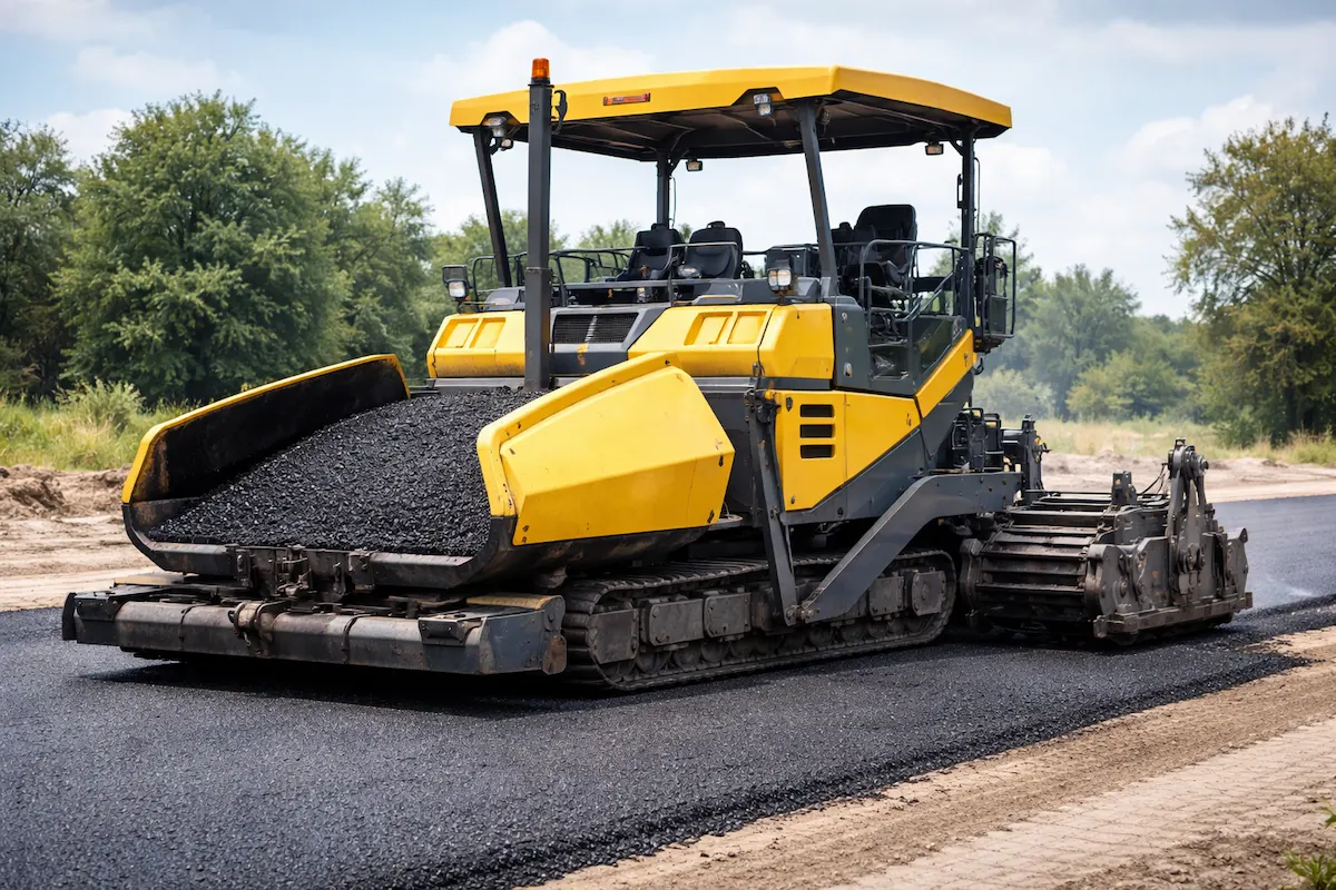 Yellow asphalt paver machine spreading fresh asphalt on a road during construction with smooth black surface behind it.