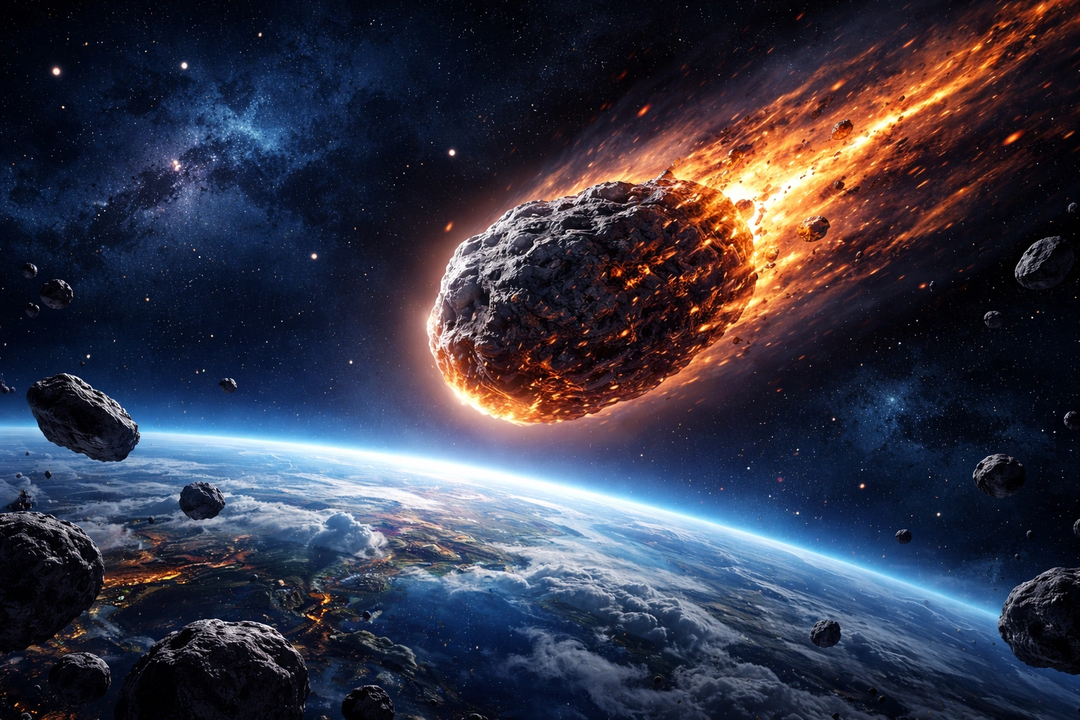 Landscape illustration of a fiery asteroid approaching Earth through space, with glowing debris, stars, and the planet’s curved horizon visible below.