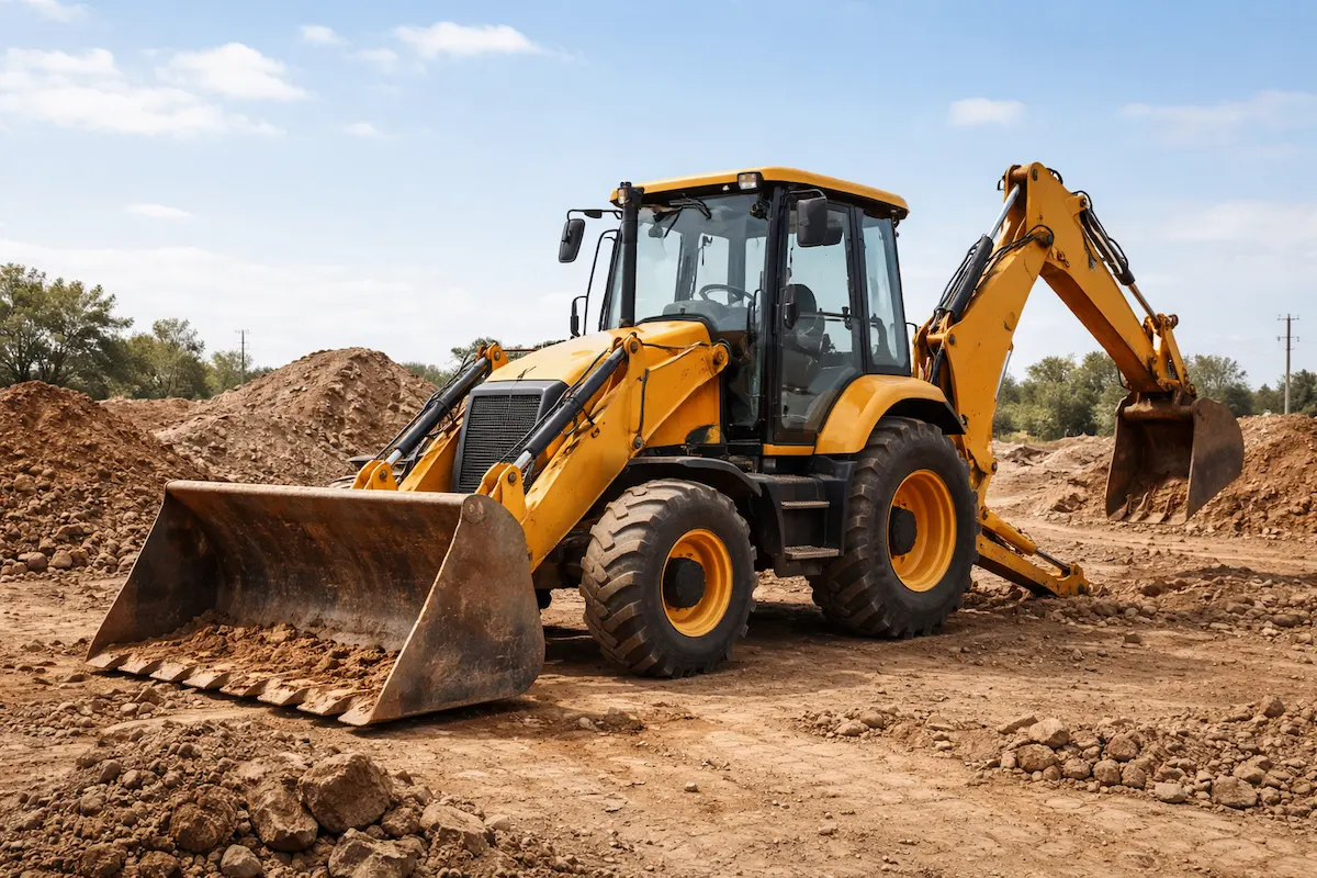 Yellow backhoe loader with a front bucket and rear digging arm on a construction site, representing multifunctional heavy equipment used for excavation and material handling.
