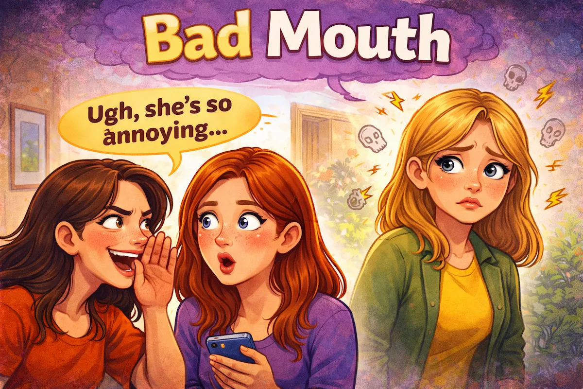 Colorful landscape illustration of the slang Bad Mouth, depicting gossip and negative talk about someone to show criticizing or speaking badly behind their back.