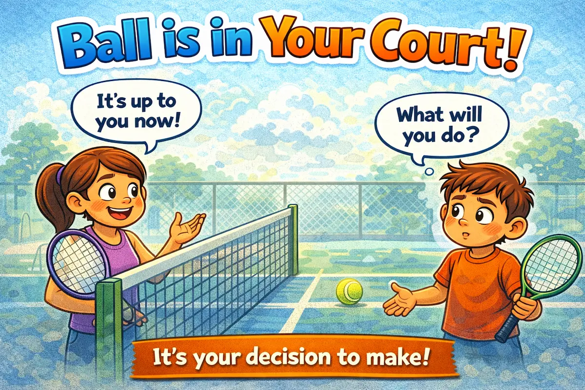 Landscape cartoon illustration of a tennis court with a ball on one side, representing the idiom ball is in your court and the idea that a decision or action is up to you.