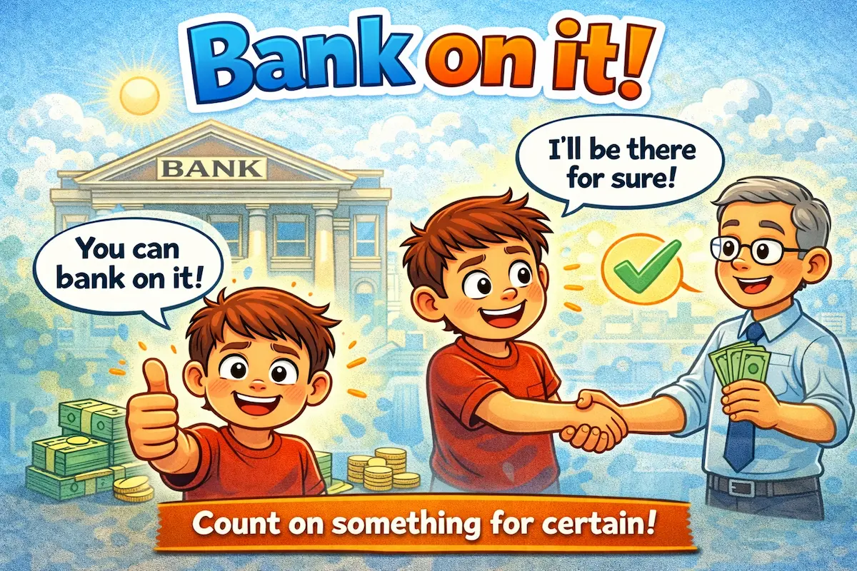 Landscape cartoon illustration of a confident handshake near a bank, representing the idiom bank on it and the idea of counting on something for certain.