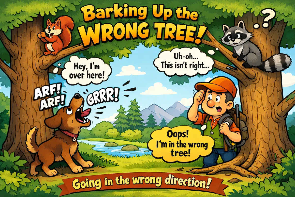 Colorful landscape cartoon illustration of the idiom barking up the wrong tree, featuring a dog barking at the wrong tree to represent making a wrong assumption or pursuing the wrong idea.