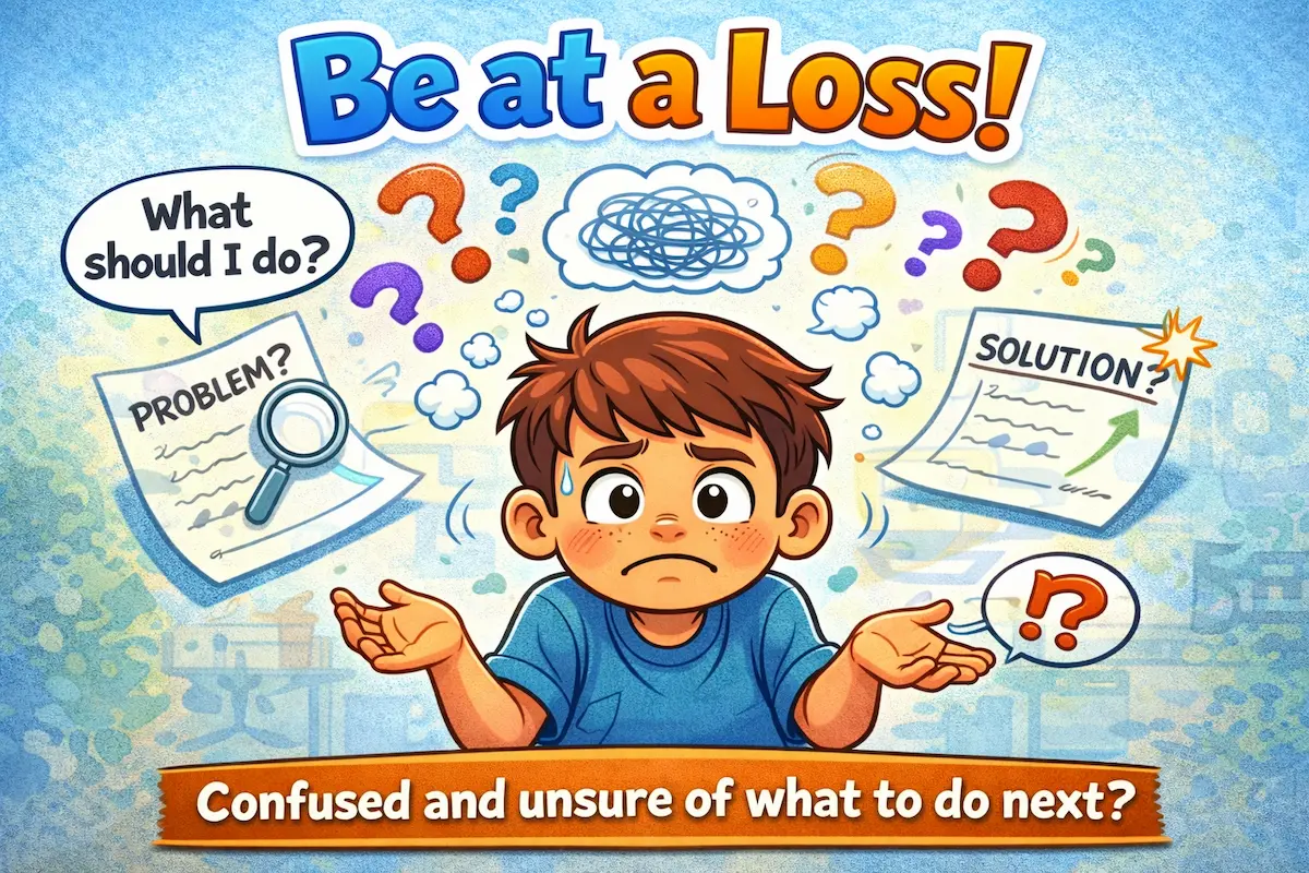 Landscape cartoon illustration of a puzzled person with question marks around them, representing the idiom be at a loss and the feeling of confusion or uncertainty.