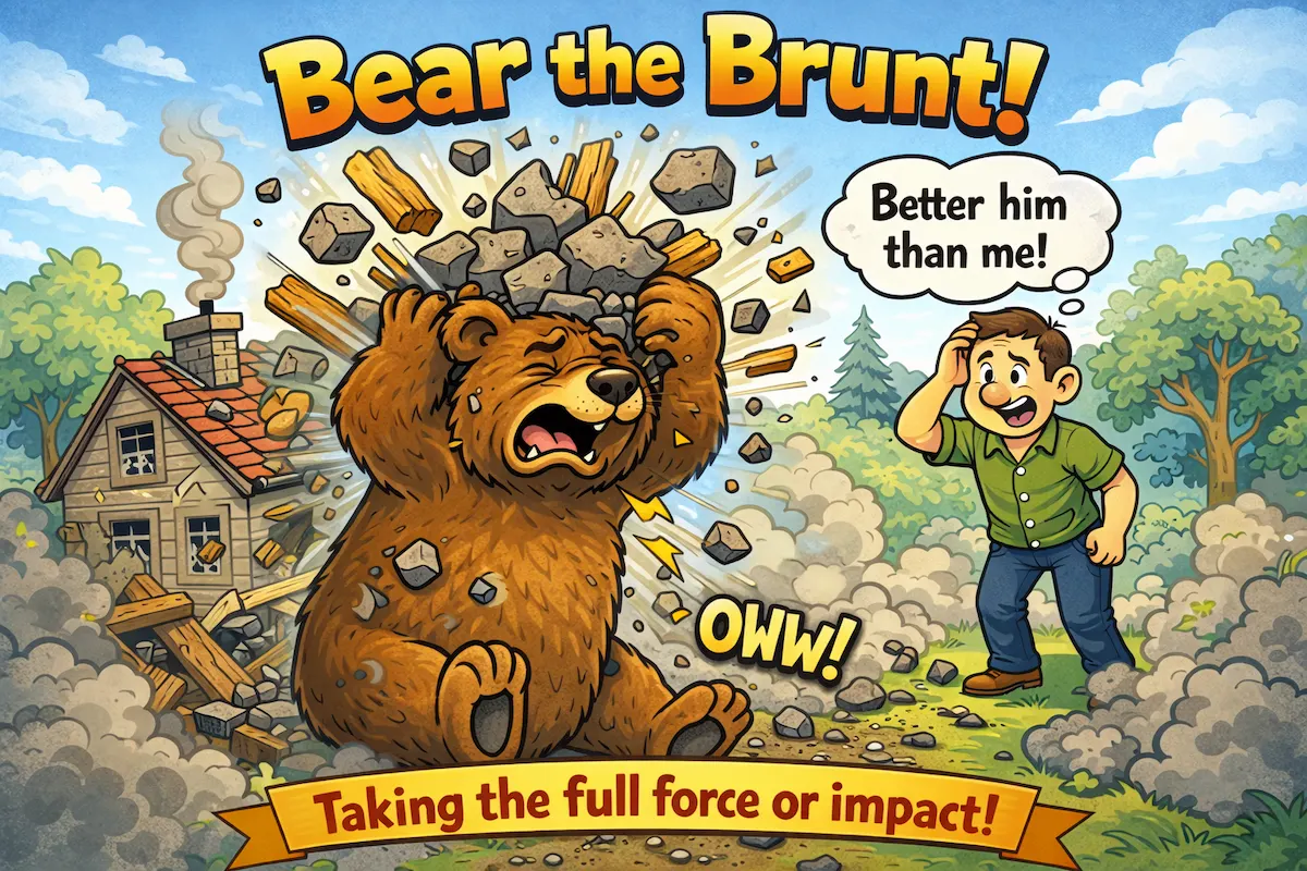 Colorful landscape cartoon illustration of the idiom bear the brunt, featuring a bear hit by falling rubble to represent taking the main impact or suffering the worst part of a situation.