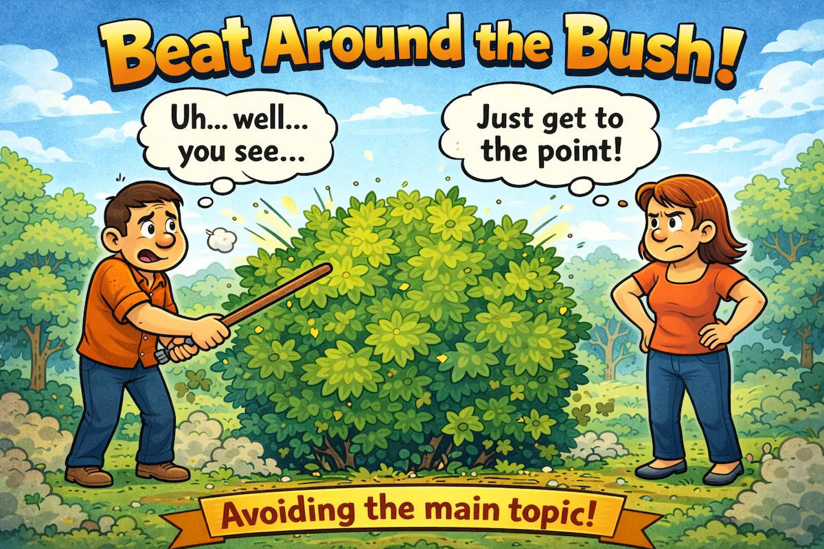 Colorful landscape cartoon illustration of the idiom beat around the bush, featuring a person poking a bush to represent avoiding the main topic instead of speaking directly.