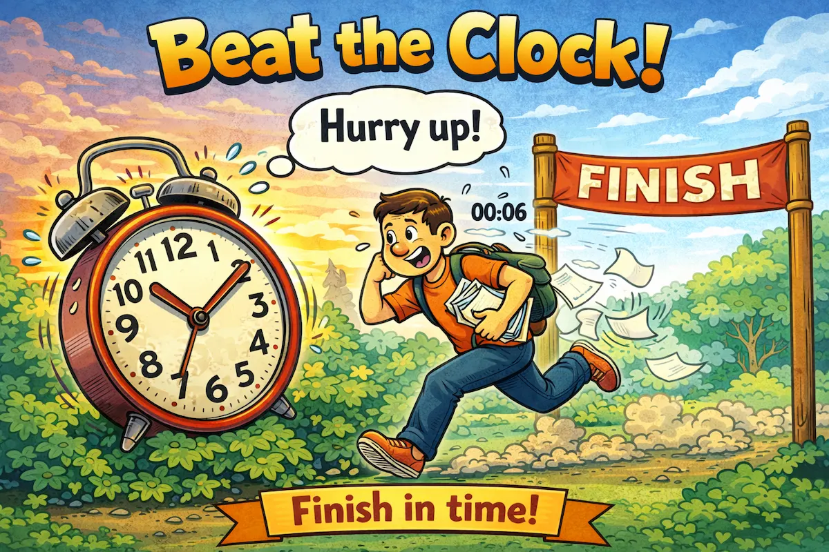 Colorful landscape cartoon illustration of the idiom beat the clock, featuring a person racing against a large clock to represent finishing something before time runs out.