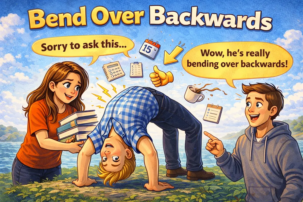 Colorful landscape illustration of the idiom Bend Over Backwards, depicting someone bending backward to help others as a symbol of going to great lengths to assist.