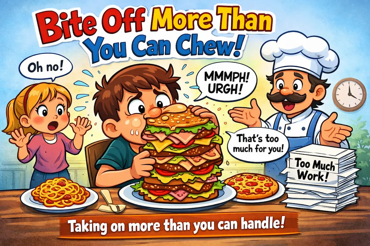 Landscape cartoon illustration of a person overwhelmed by an enormous sandwich, symbolizing the idiom bite off more than you can chew and the idea of taking on too much.