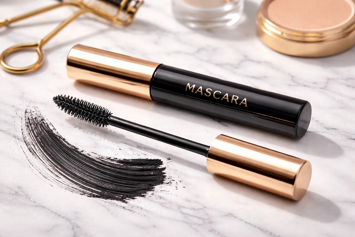 Mascara tube and wand placed on a clean surface, with visible black product on the brush used for enhancing and defining eyelashes.