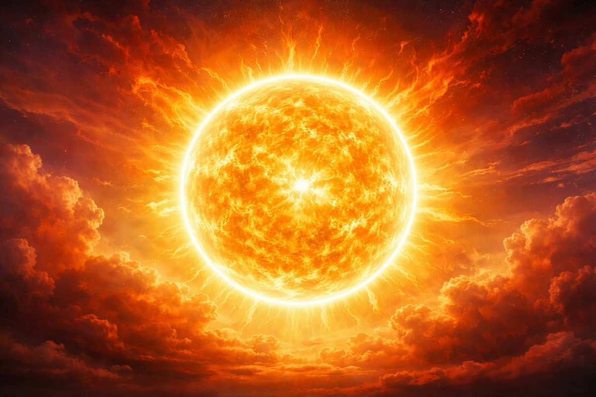 Landscape illustration of the sun glowing brightly with fiery textures, solar flares, and radiant light spreading through surrounding clouds in a dramatic sky.