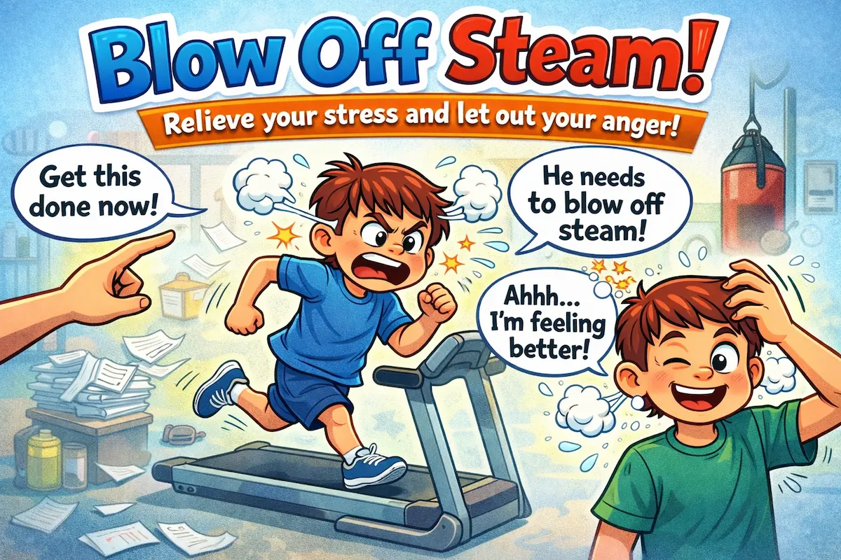 Landscape cartoon illustration of a frustrated person exercising as steam bursts out, representing the idiom blow off steam and the act of releasing stress or anger.