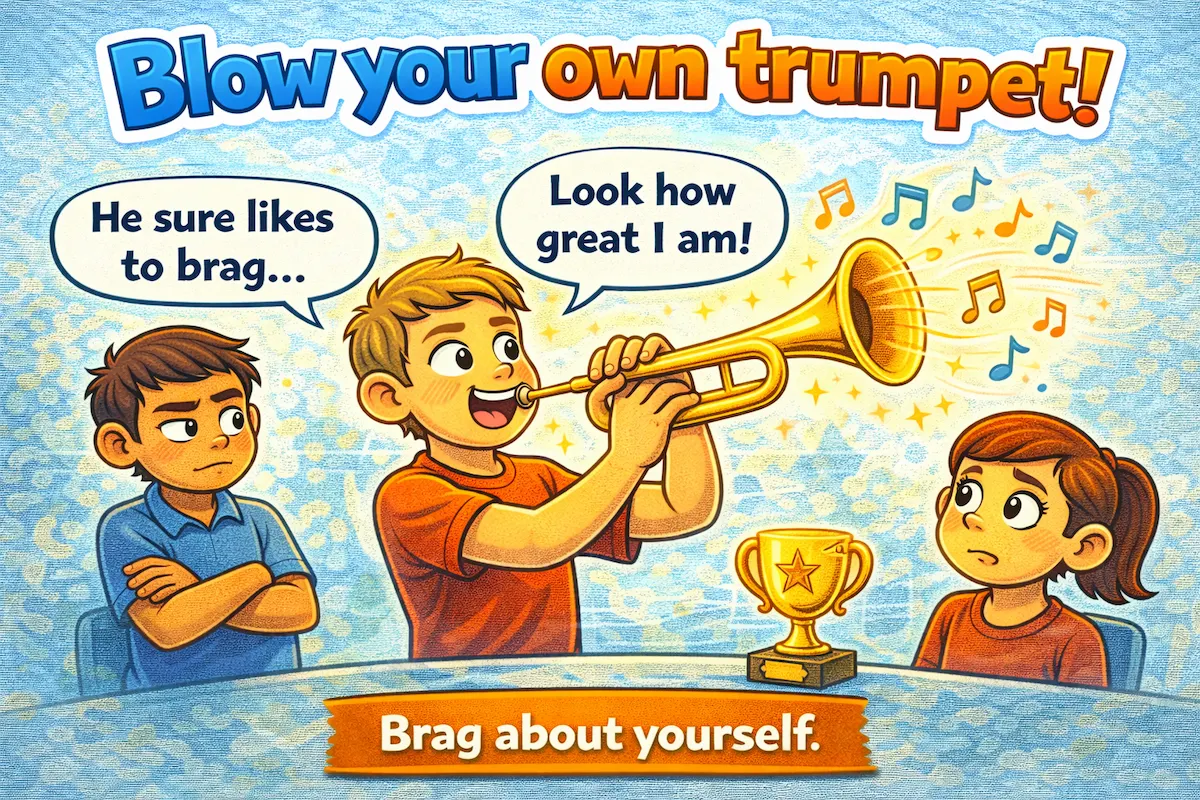 Landscape cartoon illustration of a person proudly playing a trumpet in front of others, representing the idiom blow your own trumpet and the act of bragging about yourself.