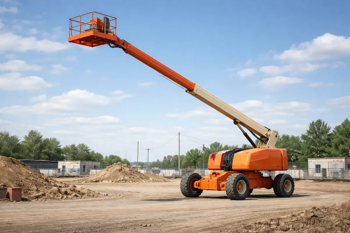 Orange boom lift with an extended arm and elevated work platform at a construction site, used to lift workers safely to high places.