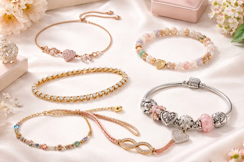 A collection of elegant bracelets in gold, silver, and beaded designs arranged neatly on a light background, showing various bracelet styles and materials.